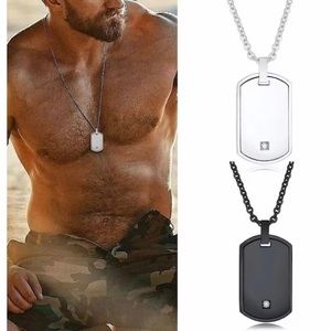 Stainless Steel Men's Dog Tag Necklace with Cubic Zirconia Stone Pendent